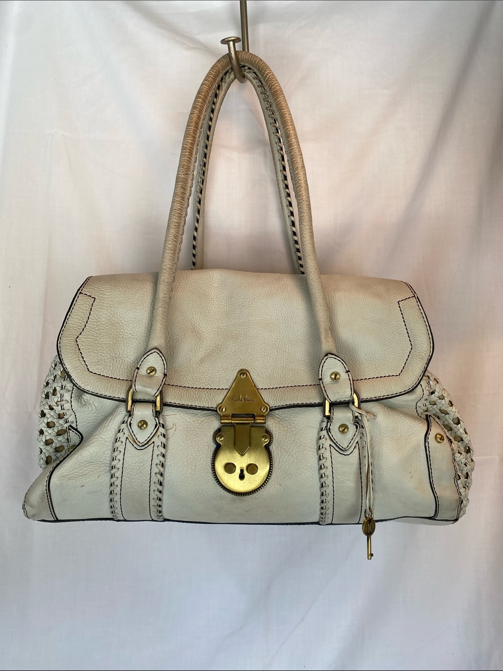 Vintage Cole Haan Cream Leather Satchel with Gold Hardware and Woven Side Panels